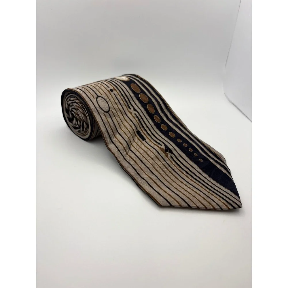 Gianfranco Ruffini Mens Silk Tie Tan Brown Black Geometric Abstract Stripe Italy
